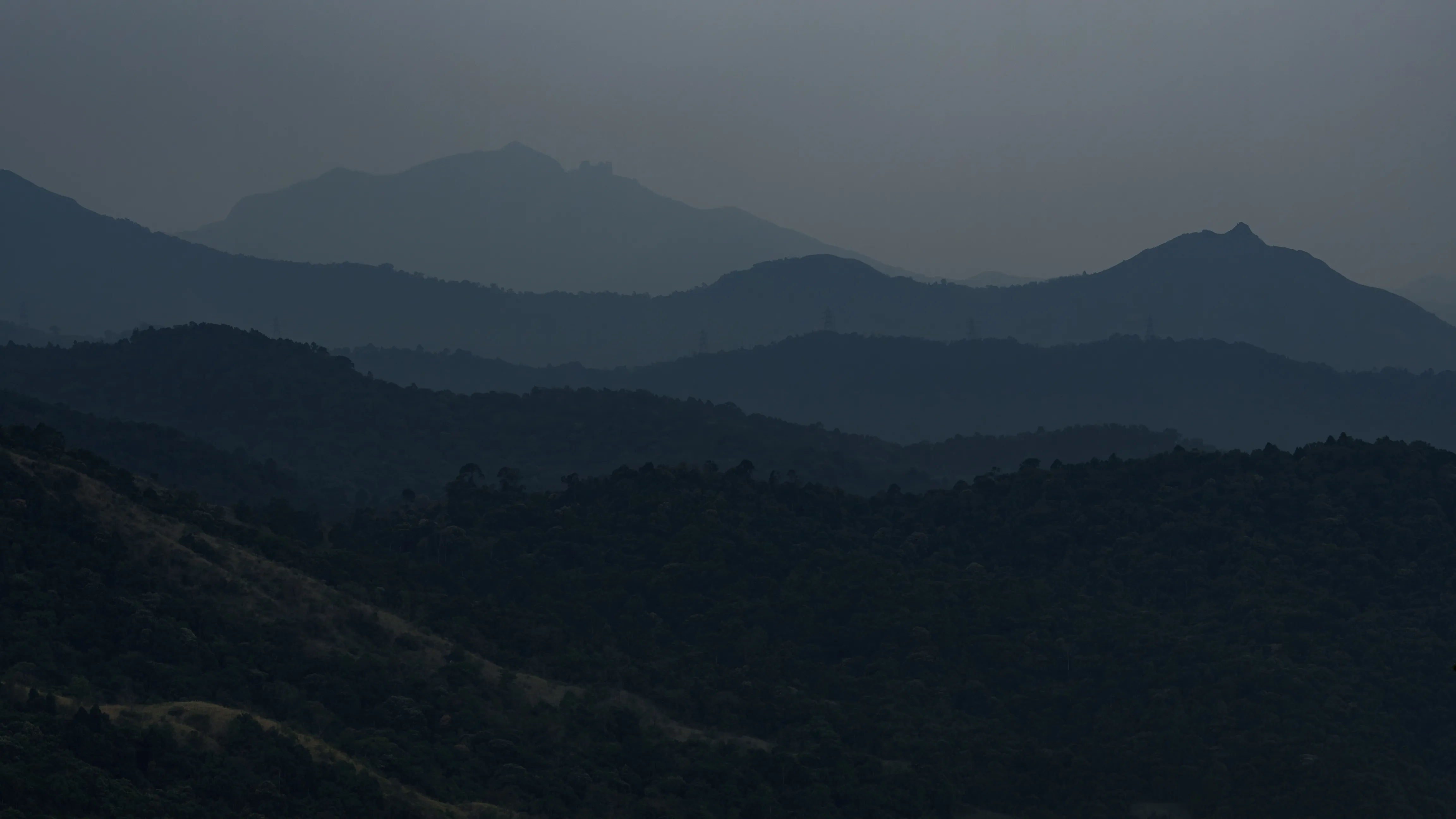 Layered forested hillocks of the Western Ghats at dusk, near Dimbada Estate